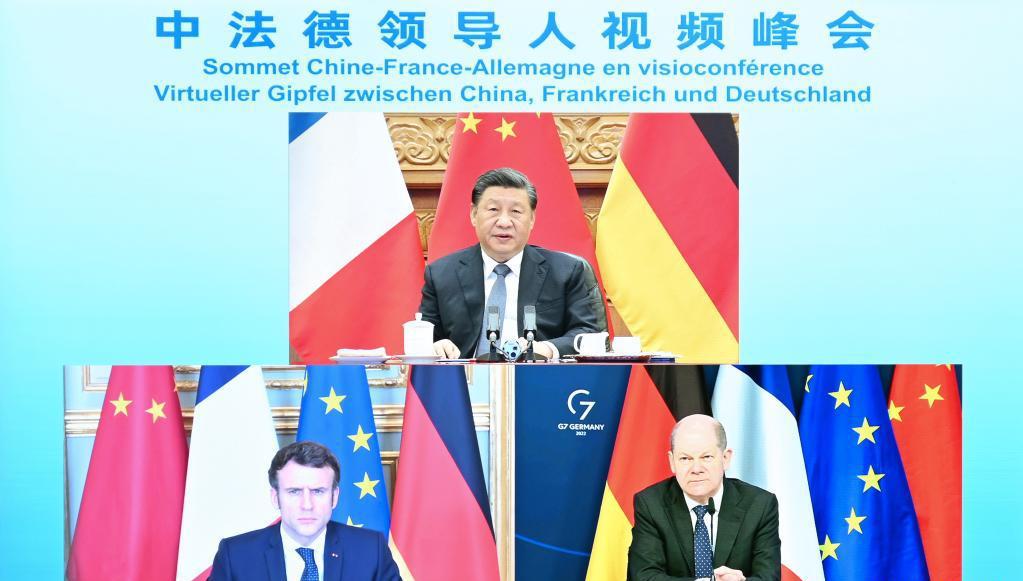 Chinese president holds video summit with French president, German chancellor