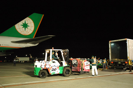 Les deux pandas géants offerts par la partie continentale de Chine sont arrivés à l&apos;aéroport de  Taoyuan à Taipei mardi à 17H02.