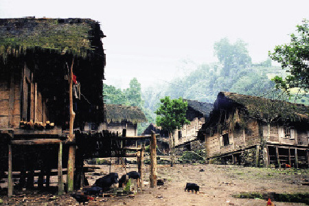 Un village dans le district de Mêdog en 1999.